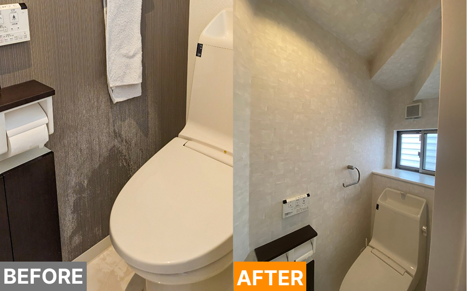 トイレ壁水濡れ：トイレタンクからの水濡れで壁が被害